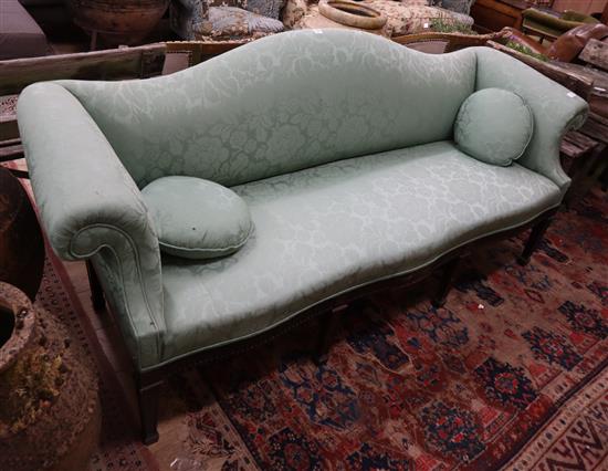 A Hepplewhite style mahogany settee, upholstered in pale green damask, W.200cm D.68cm H.89cm